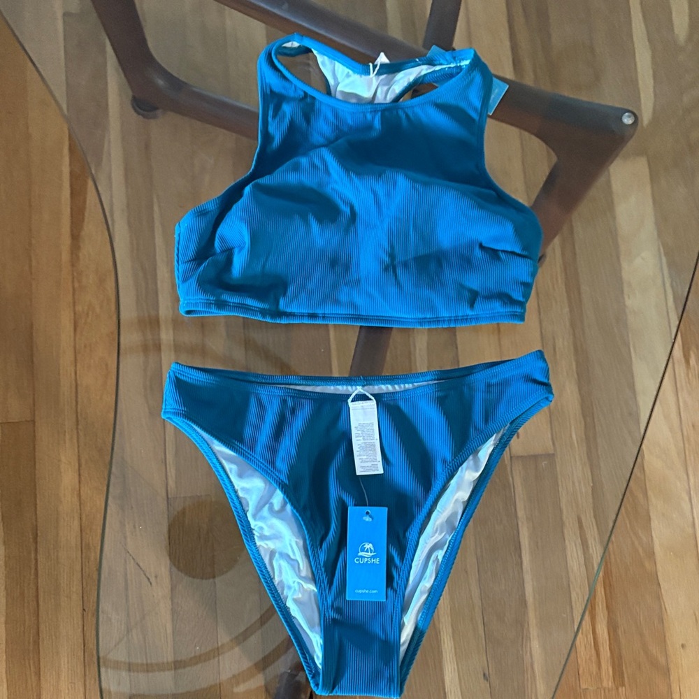 Cupshe Teal High-Neck Bikini Set